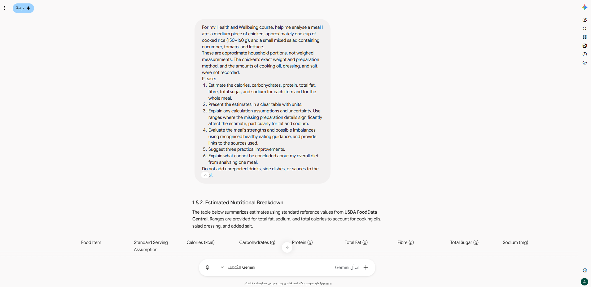 Figure A1: Meal input and analysis request. The meal description, approximate portions, missing preparation details, and questions entered into Google Gemini.